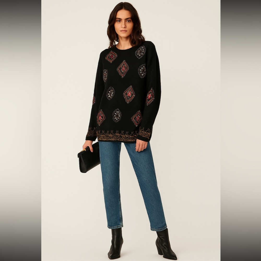 Vtg Pierre Cardin Black Sweater Medium Silk Angora Jeweled Detail Long Sleeve